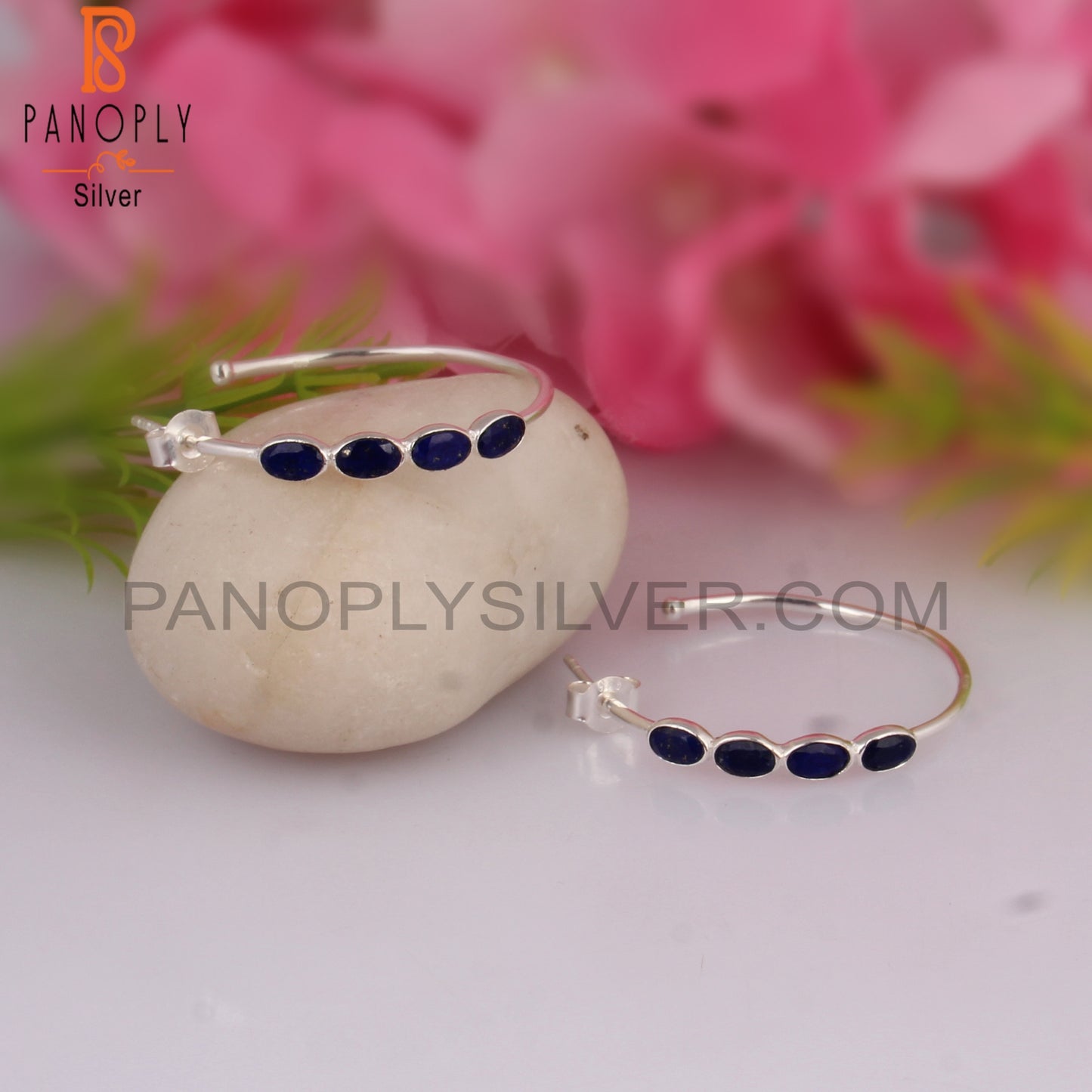 Lapis Round 925 Sterling Silver Hoop Earrings