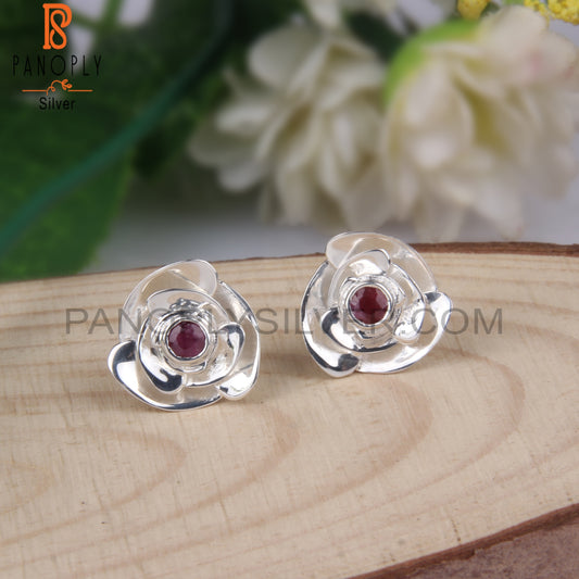 Ruby Round Shape 925 Sterling Silver Earrings