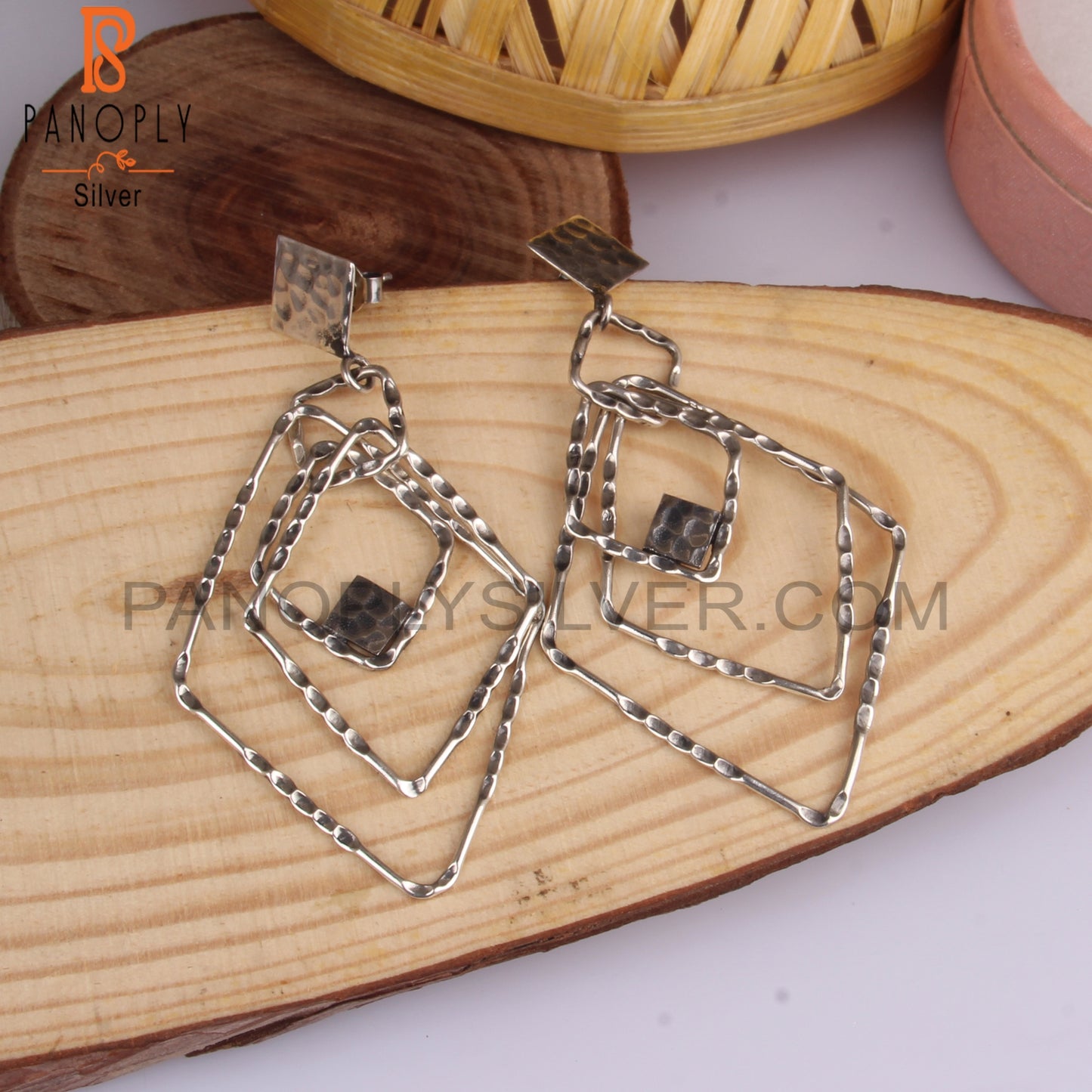 Rectangular Geometric Textured 925 Sterling Silver Earrings