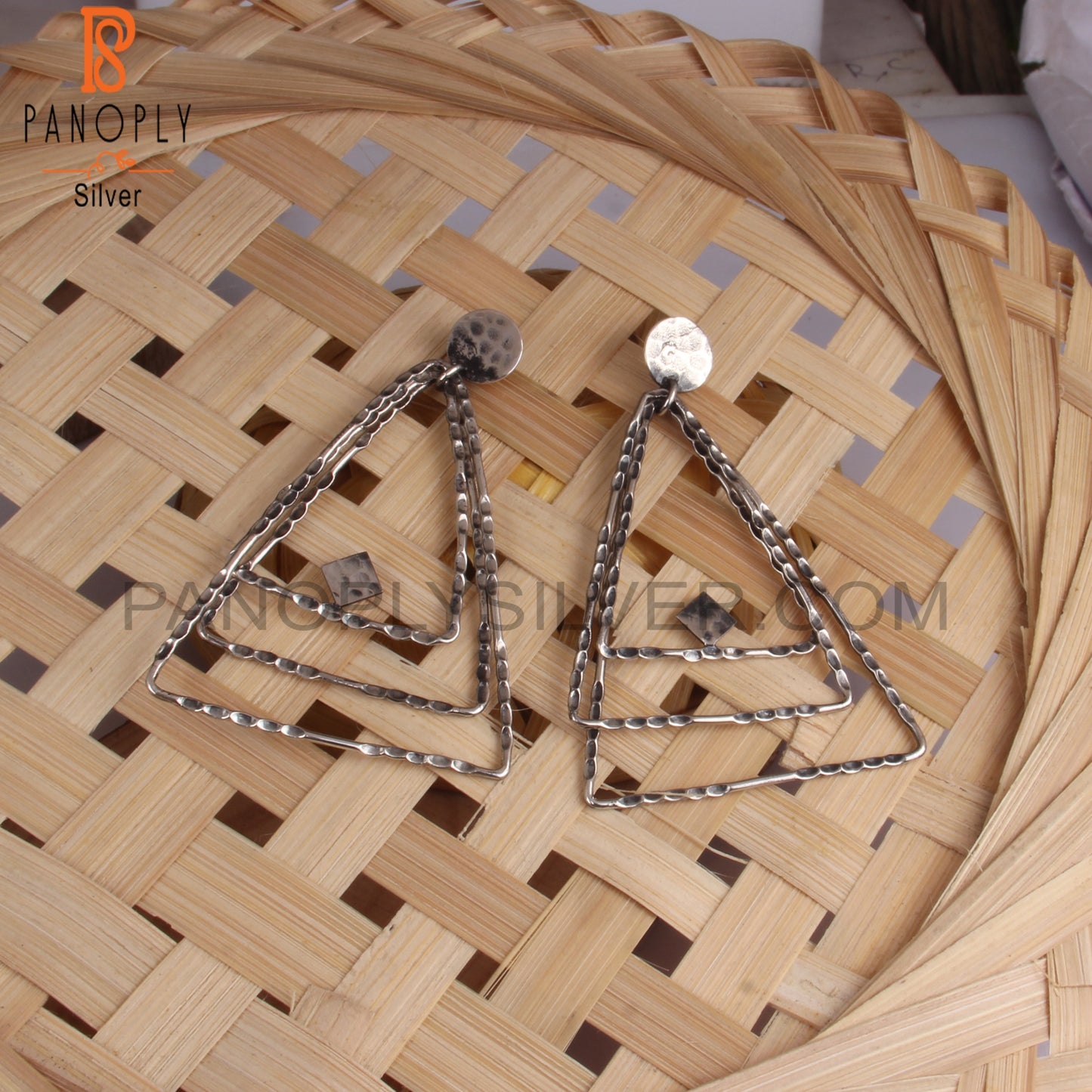 Triangular 925 Sterling Silver Hoop Long Drop Earrings