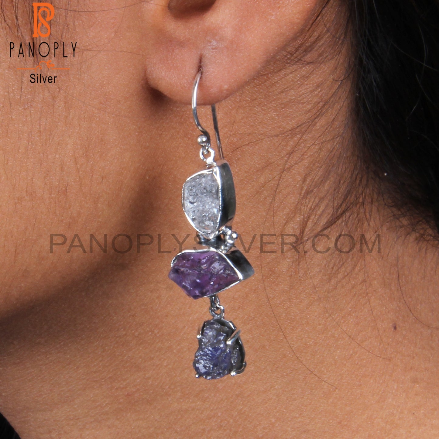 Herkimer Diamond, Tanzanite & Amethyst 925 Silver Earrings