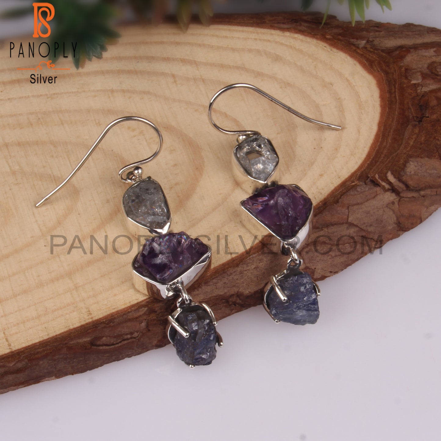 Herkimer Diamond, Tanzanite & Amethyst 925 Silver Earrings