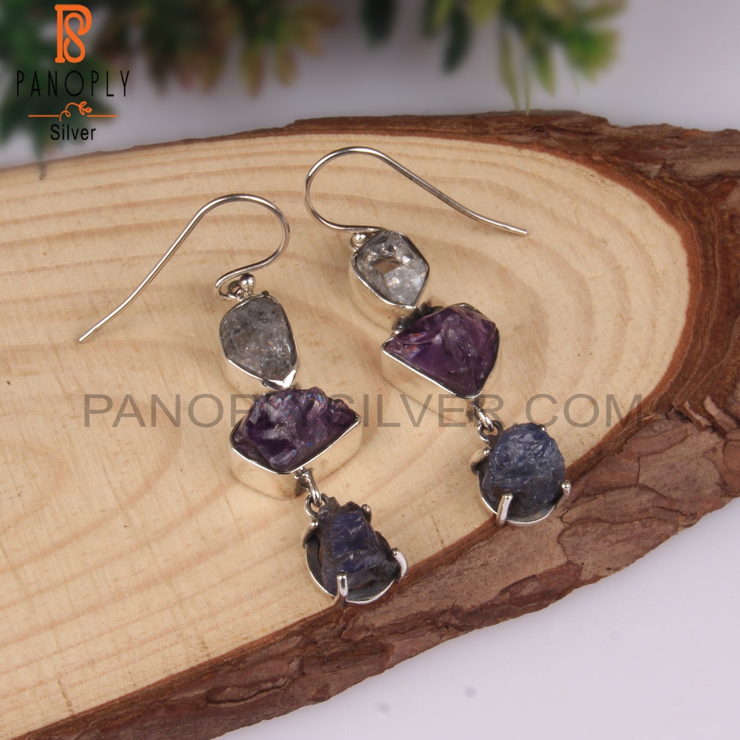 Herkimer Diamond, Tanzanite & Amethyst 925 Silver Earrings