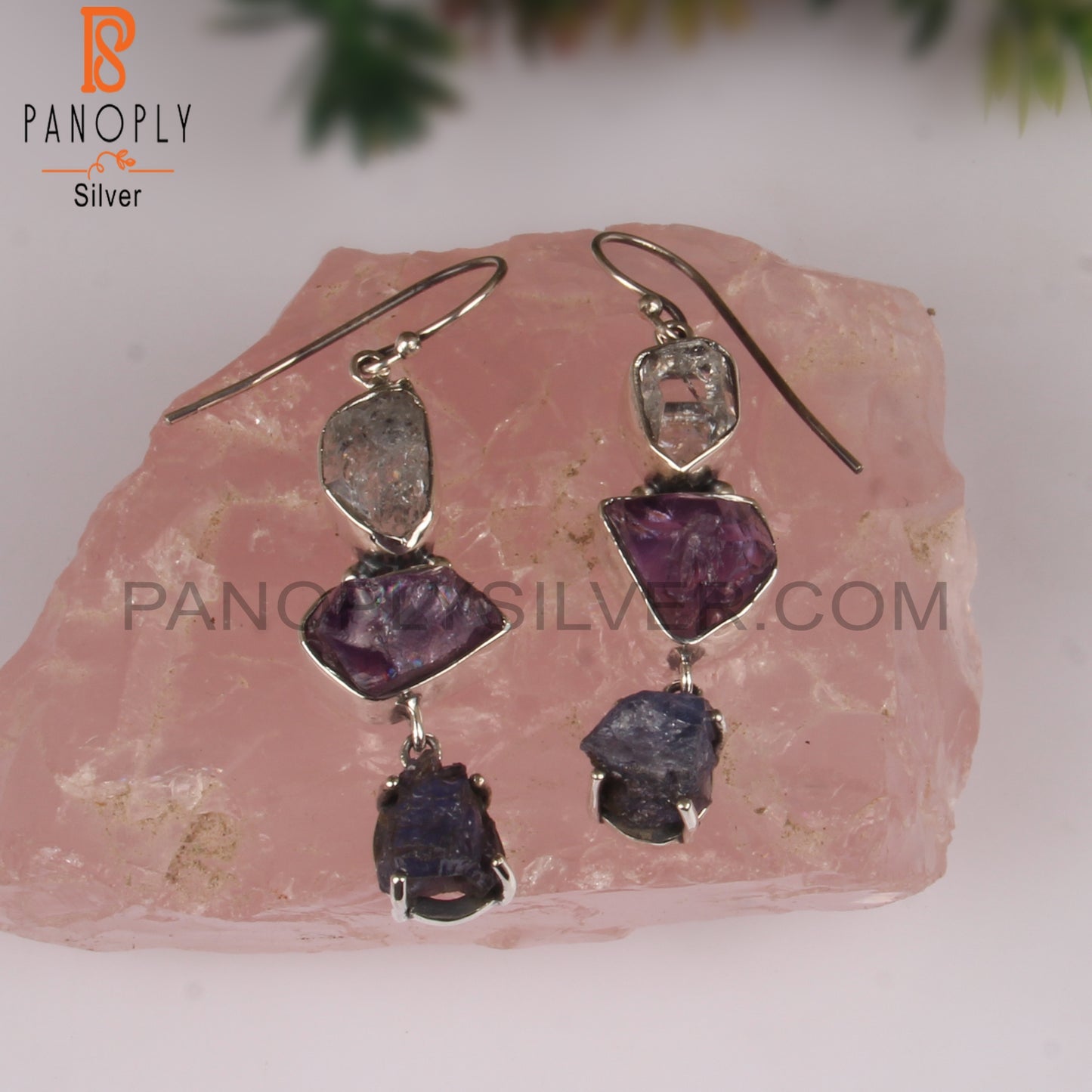 Herkimer Diamond, Tanzanite & Amethyst 925 Silver Earrings