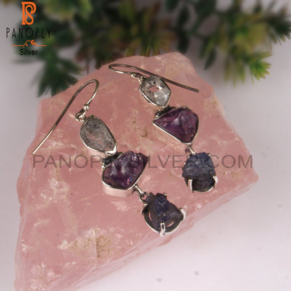 Herkimer Diamond, Tanzanite & Amethyst 925 Silver Earrings