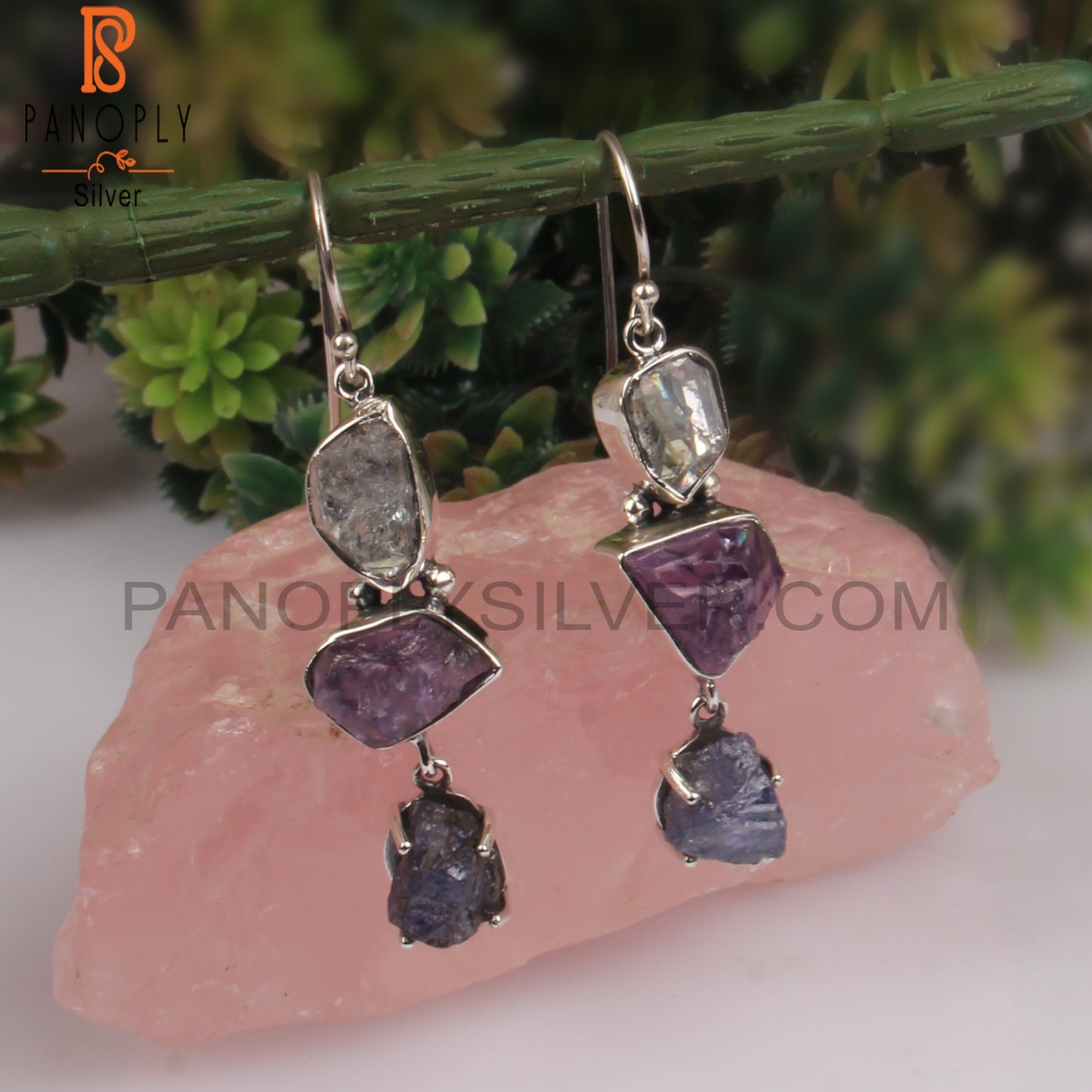 Herkimer Diamond, Tanzanite & Amethyst 925 Silver Earrings