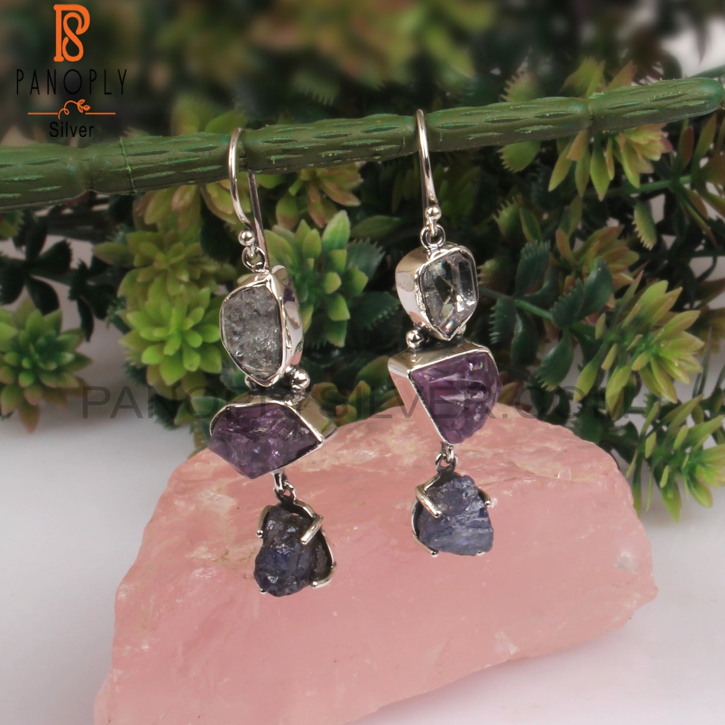 Herkimer Diamond, Tanzanite & Amethyst 925 Silver Earrings