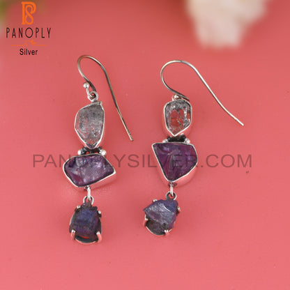 Herkimer Diamond, Tanzanite & Amethyst 925 Silver Earrings