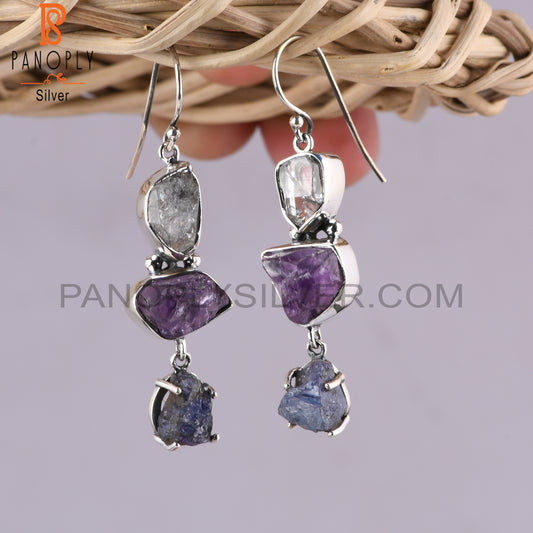 Herkimer Diamond, Tanzanite & Amethyst 925 Silver Earrings