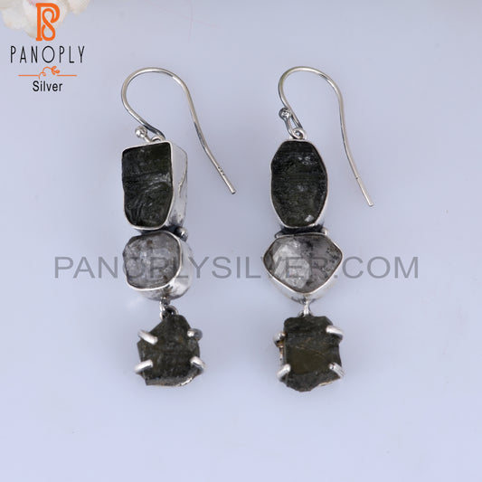 Simple Herkimer Diamond & Moldavite 925 Silver Earrings