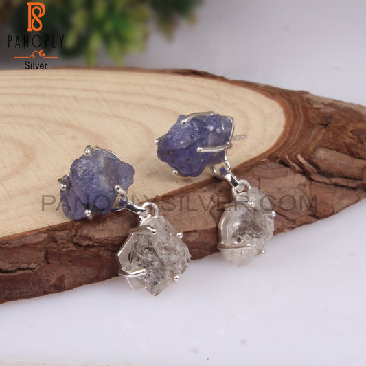 Herkimer Diamond & Tanzanite 925 Silver Dangle Earrings