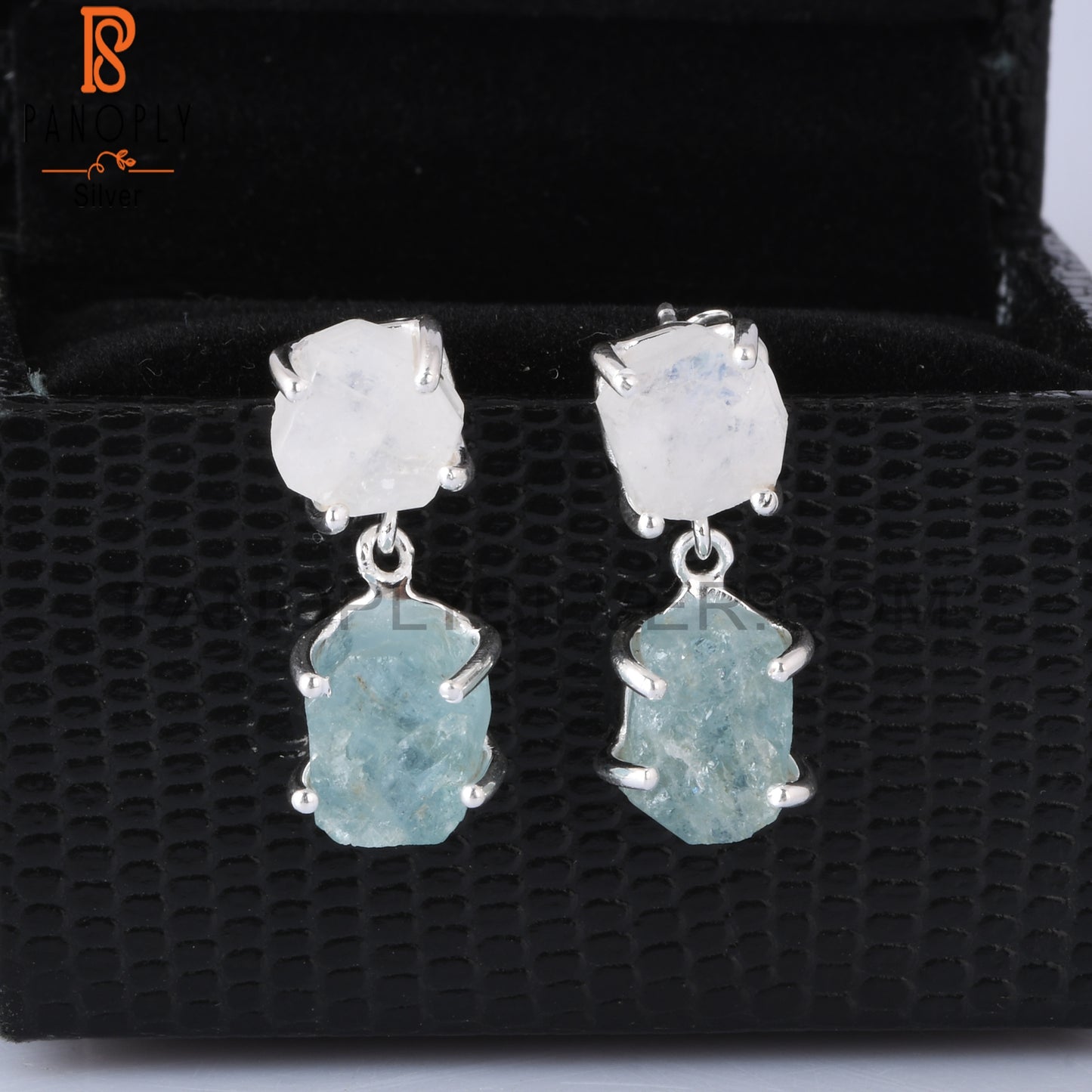 Aquamarine & Rainbow Moonstone 925 Silver Hanging Earrings