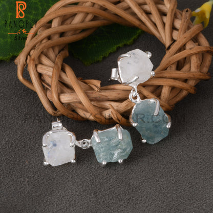 Aquamarine & Rainbow Moonstone 925 Silver Hanging Earrings