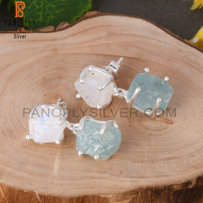 Aquamarine & Rainbow Moonstone 925 Silver Hanging Earrings