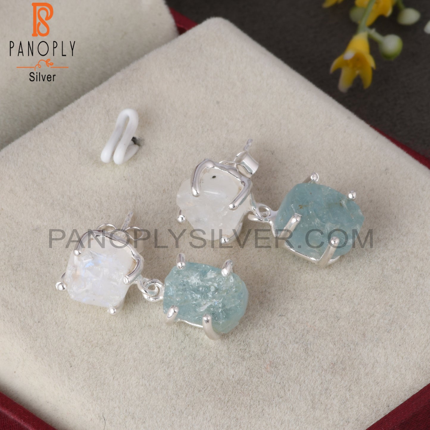 Aquamarine & Rainbow Moonstone 925 Silver Hanging Earrings