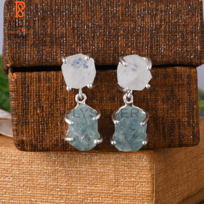 Aquamarine & Rainbow Moonstone 925 Silver Hanging Earrings