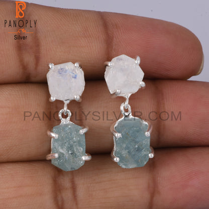 Aquamarine & Rainbow Moonstone 925 Silver Hanging Earrings