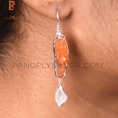 Carnelian & Rainbow MoonStone 925 Sterling Silver Earrings