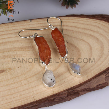 Carnelian & Rainbow MoonStone 925 Sterling Silver Earrings