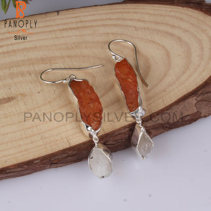 Carnelian & Rainbow MoonStone 925 Sterling Silver Earrings