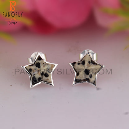 Dalmatian Jasper Star Shape 925 Sterling SilverStuds Earrings