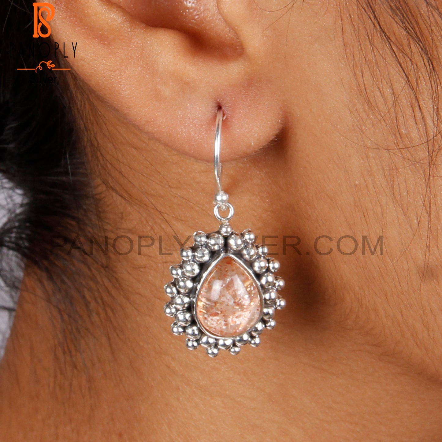 Doublet Sunstone Crystal Pear Shape 925 Silver Earrings