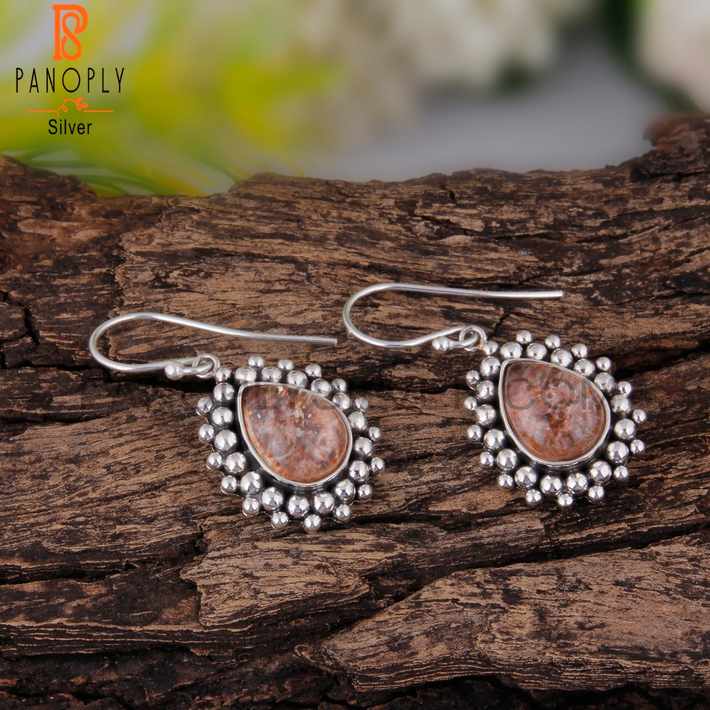 Doublet Sunstone Crystal Pear Shape 925 Silver Earrings