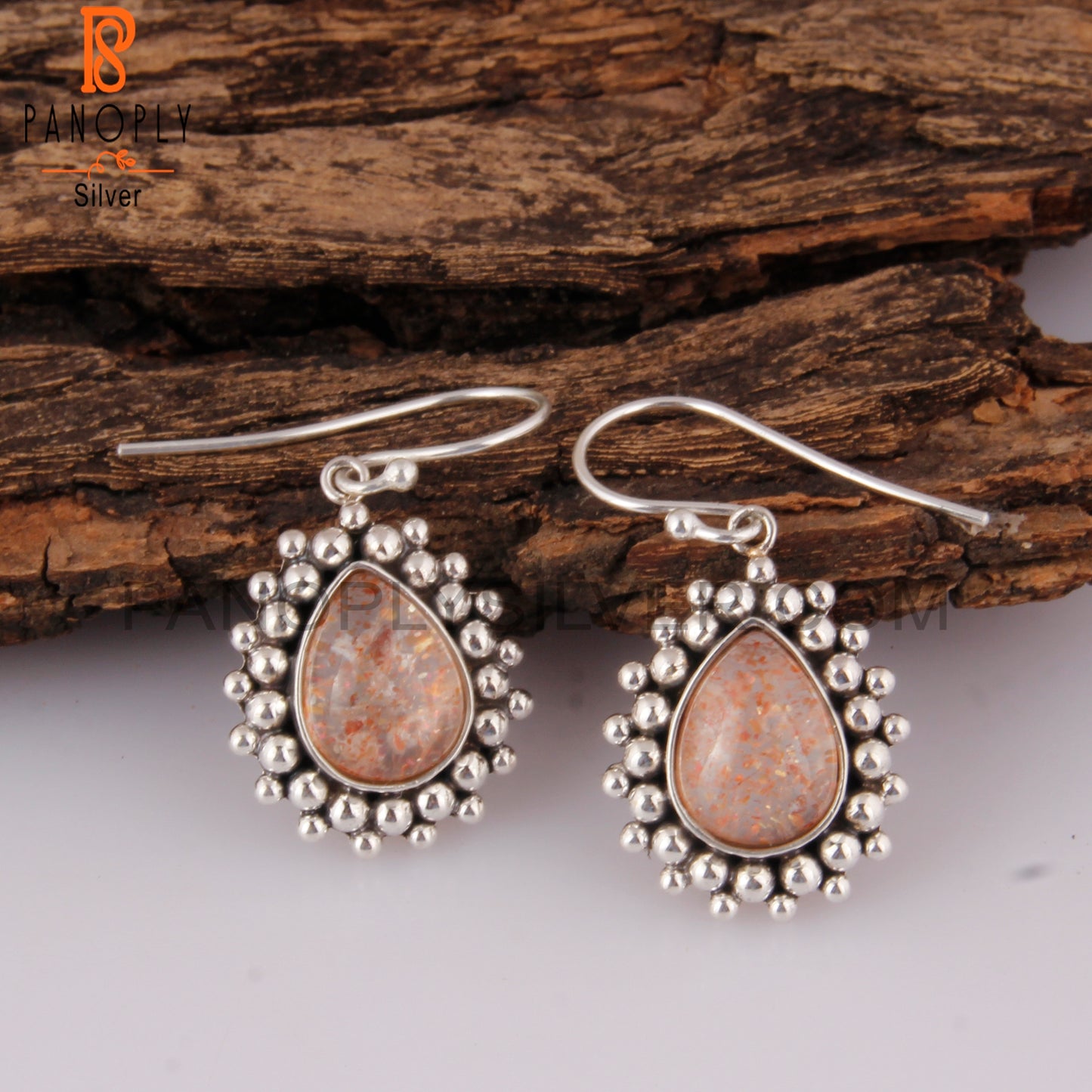 Doublet Sunstone Crystal Pear Shape 925 Silver Earrings
