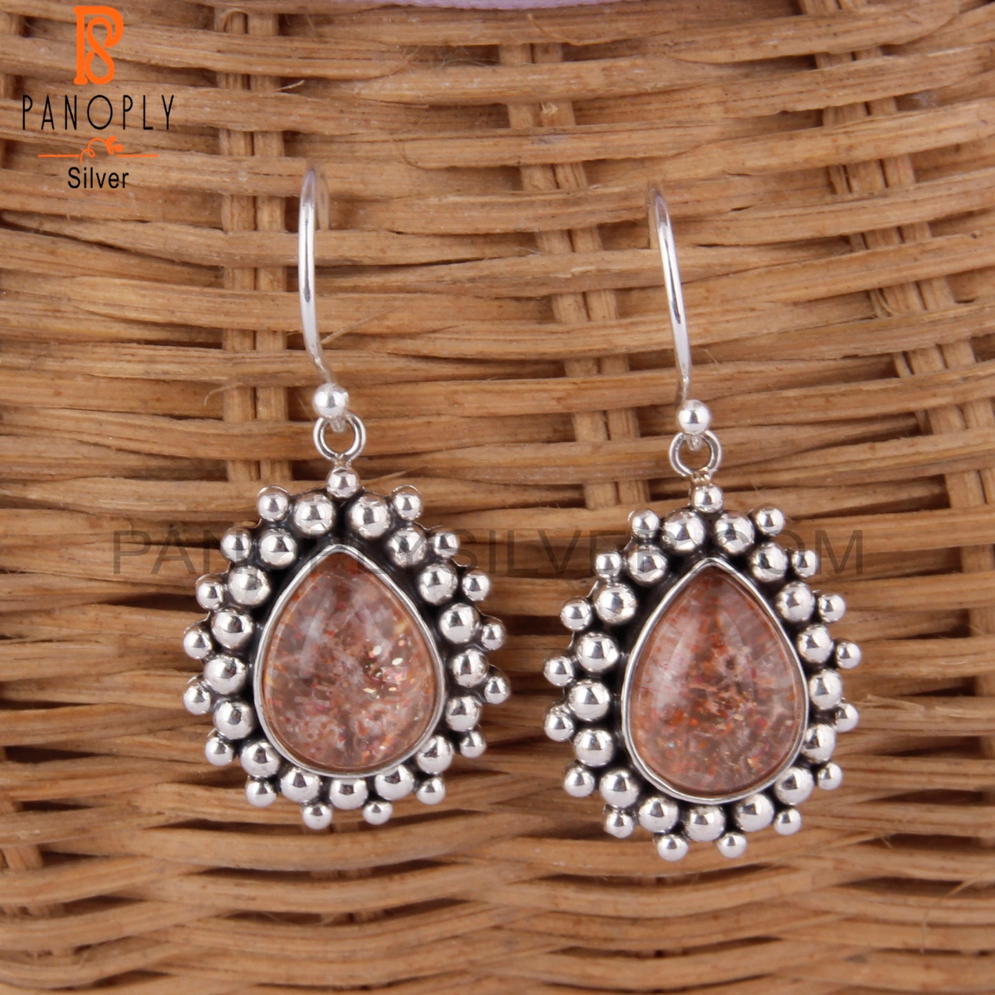 Doublet Sunstone Crystal Pear Shape 925 Silver Earrings