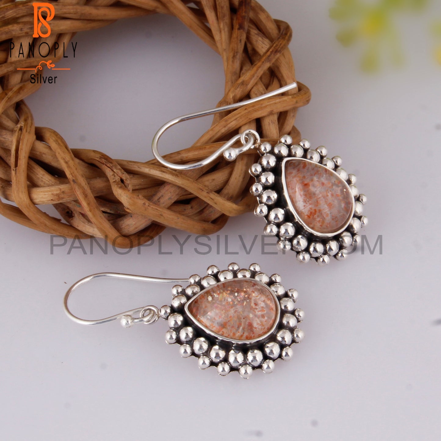 Doublet Sunstone Crystal Pear Shape 925 Silver Earrings