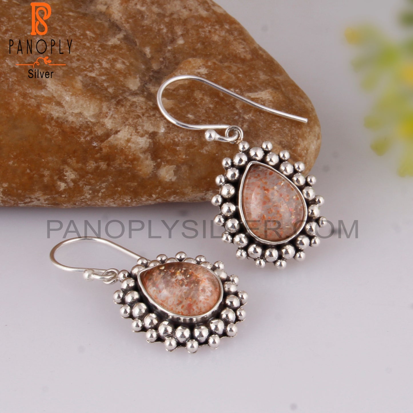 Doublet Sunstone Crystal Pear Shape 925 Silver Earrings