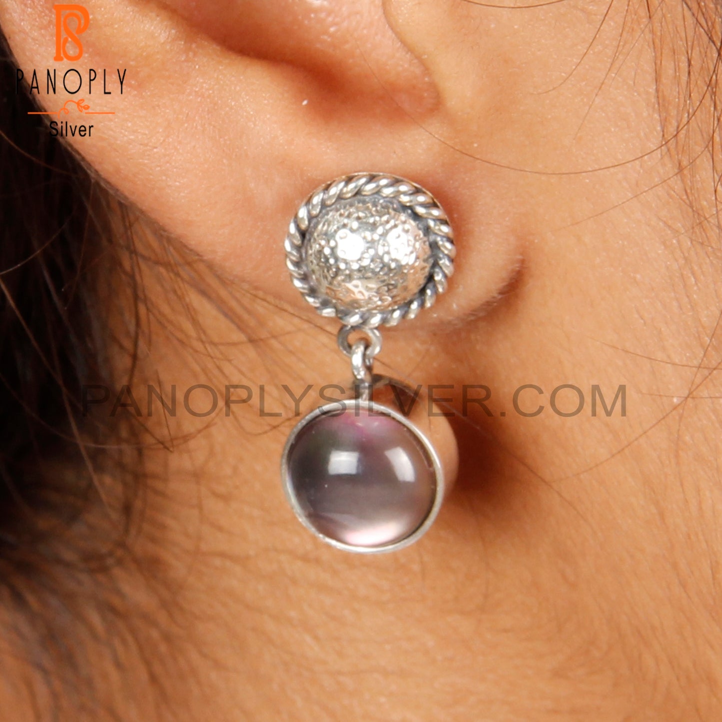 Doublet Gray Mop Crystal Round Shape 925 Silver Earrings