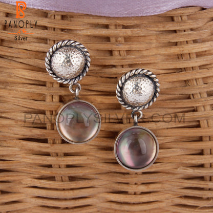 Doublet Gray Mop Crystal Round Shape 925 Silver Earrings