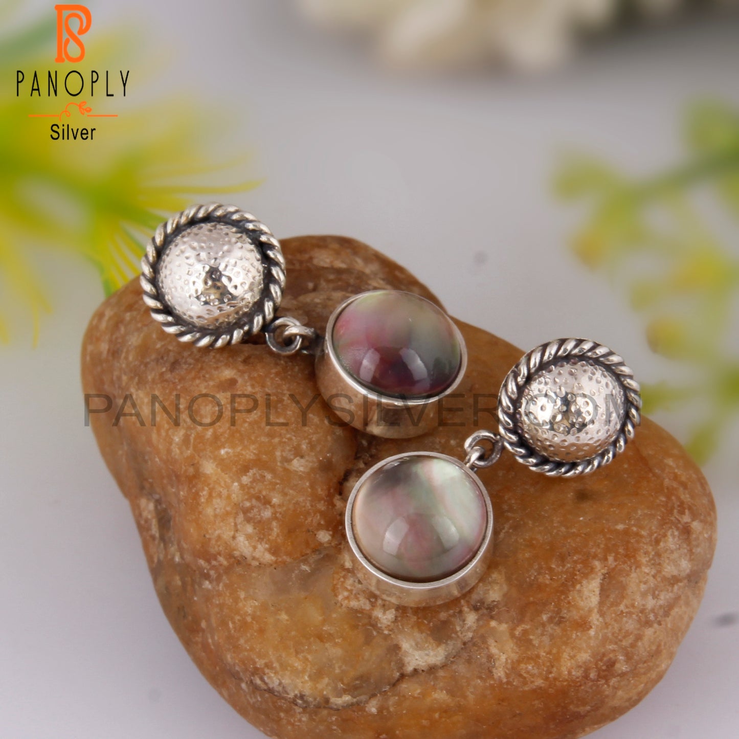 Doublet Gray Mop Crystal Round Shape 925 Silver Earrings