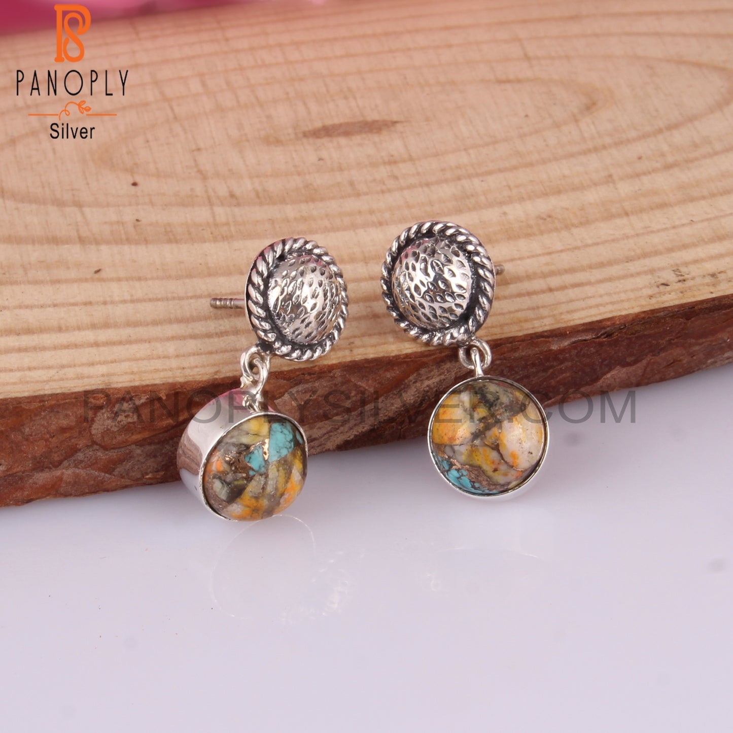 Mojave Coper Bumblebee Turquoise Round 925 Silver Earrings