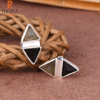 Labradorite & Black Onyx Triangle 925 Sterling Silver Earrings