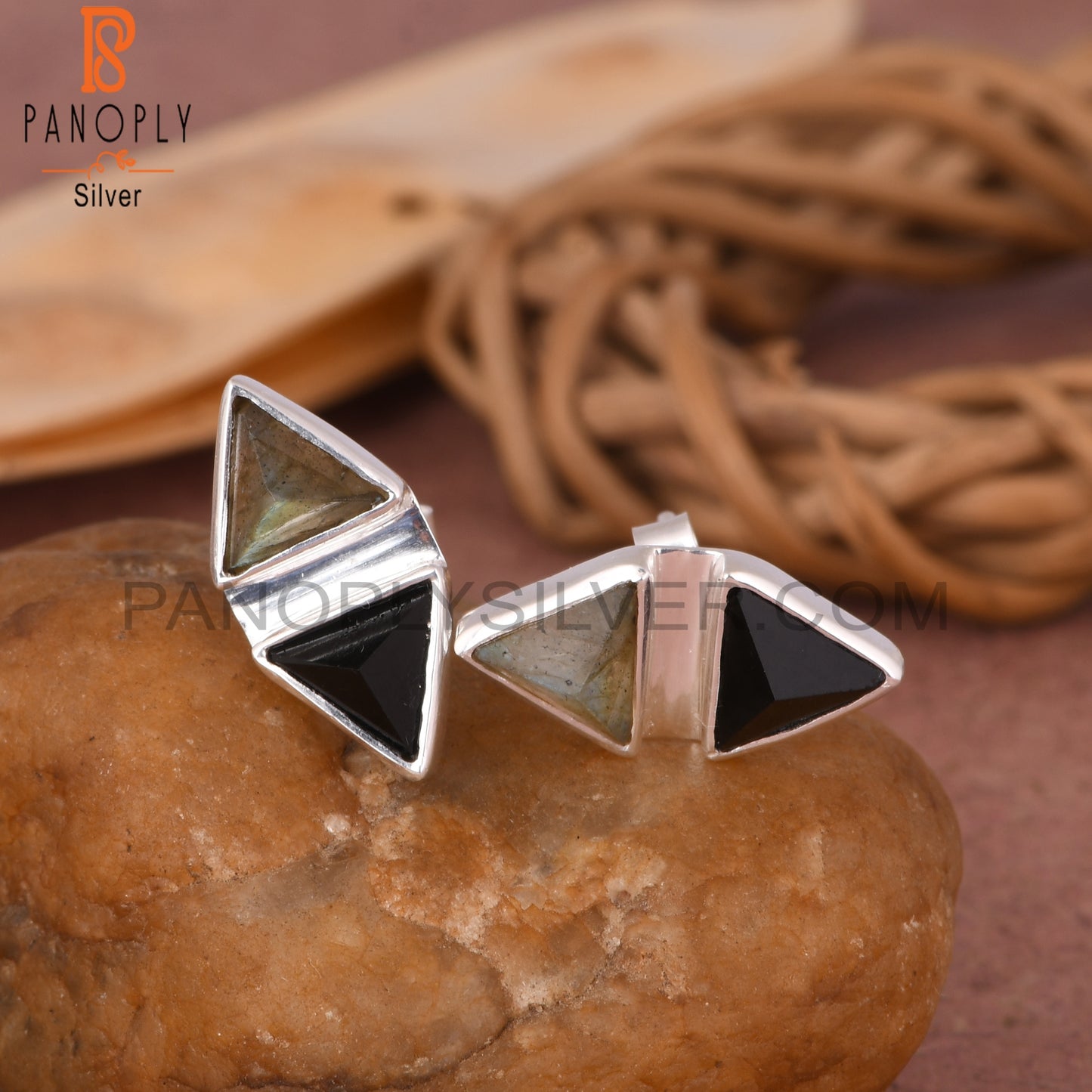 Labradorite & Black Onyx Triangle 925 Sterling Silver Earrings