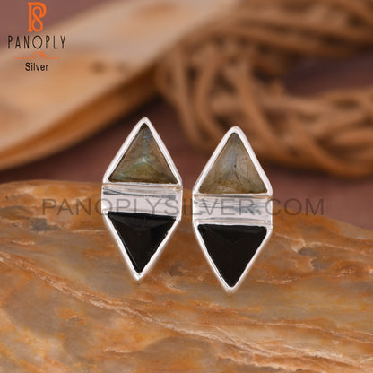 Labradorite & Black Onyx Triangle 925 Sterling Silver Earrings