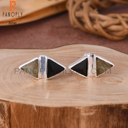 Labradorite & Black Onyx Triangle 925 Sterling Silver Earrings
