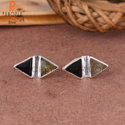 Labradorite & Black Onyx Triangle 925 Sterling Silver Earrings