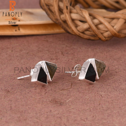 Labradorite & Black Onyx Triangle 925 Sterling Silver Earrings