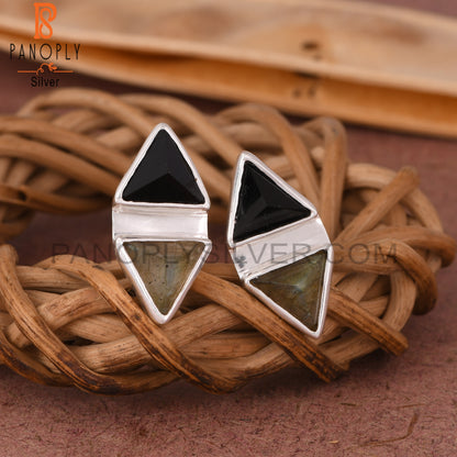 Labradorite & Black Onyx Triangle 925 Sterling Silver Earrings