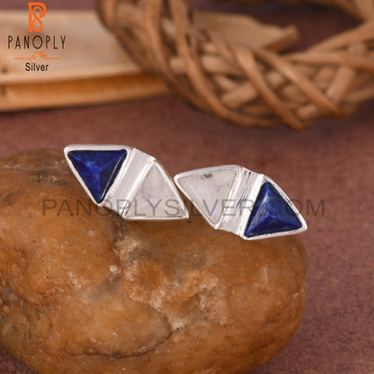 Lapis, Rainbow Moonstone Triangle 925 Sterling Silver Earrings