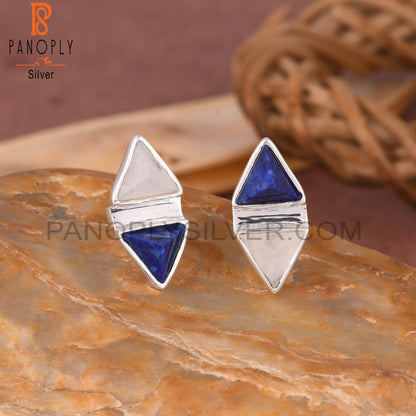 Lapis, Rainbow Moonstone Triangle 925 Sterling Silver Earrings