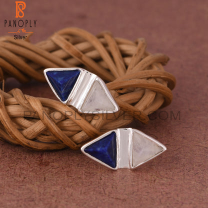 Lapis, Rainbow Moonstone Triangle 925 Sterling Silver Earrings