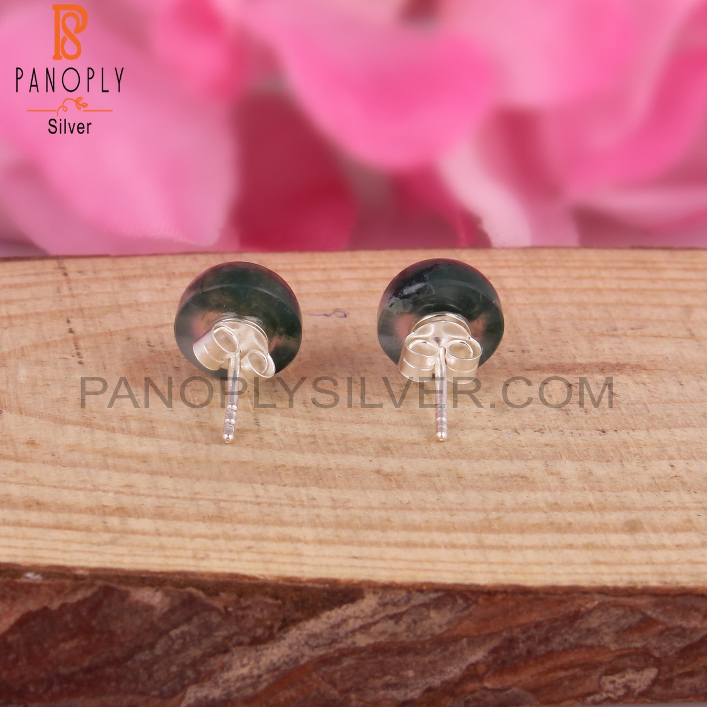 Moss Agate Round Shape 925 Sterling Silver Earrings