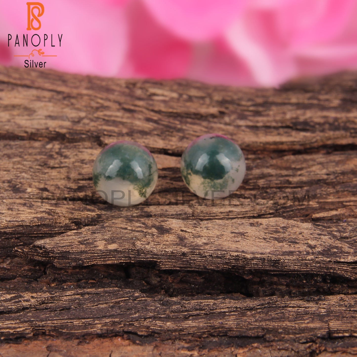 Moss Agate Round Shape 925 Sterling Silver Earrings