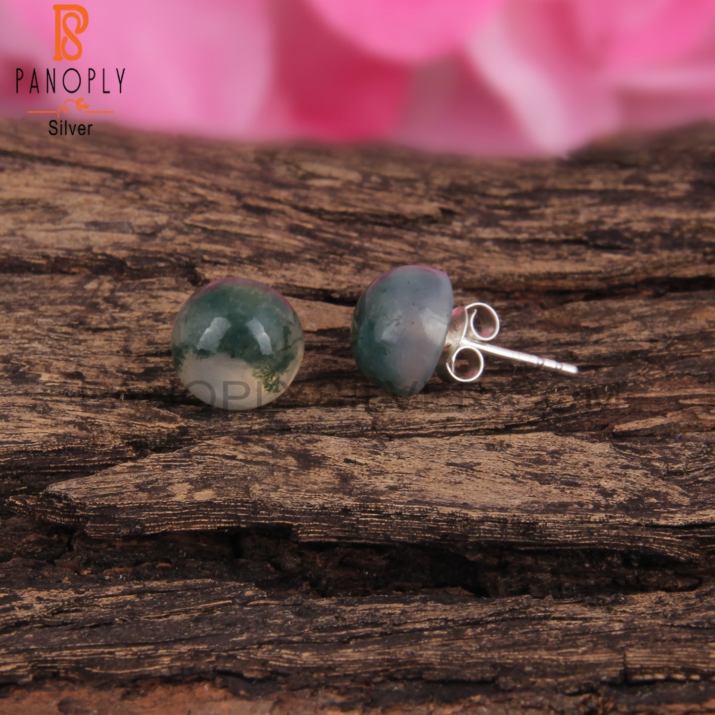 Moss Agate Round Shape 925 Sterling Silver Earrings