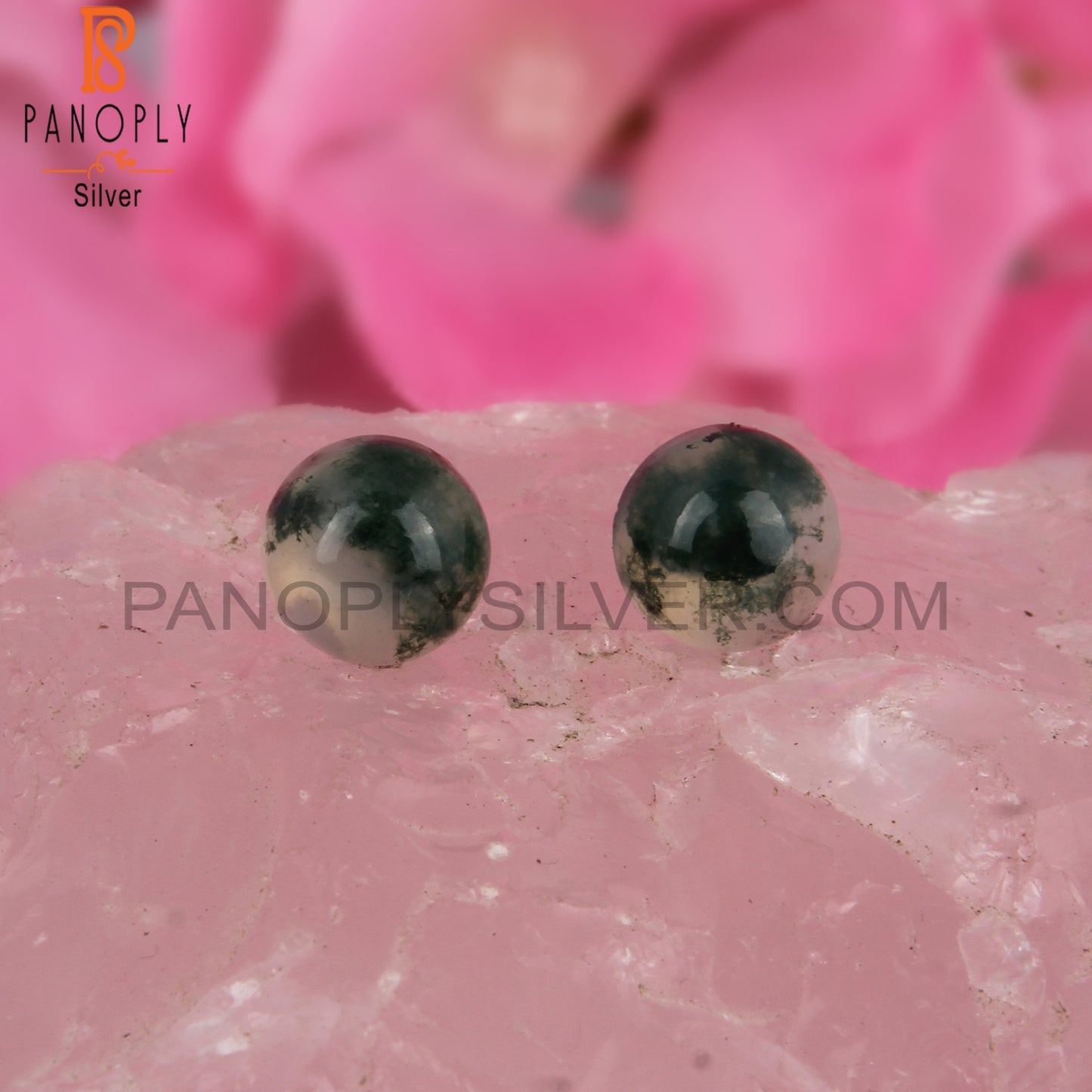 Moss Agate Round Shape 925 Sterling Silver Earrings