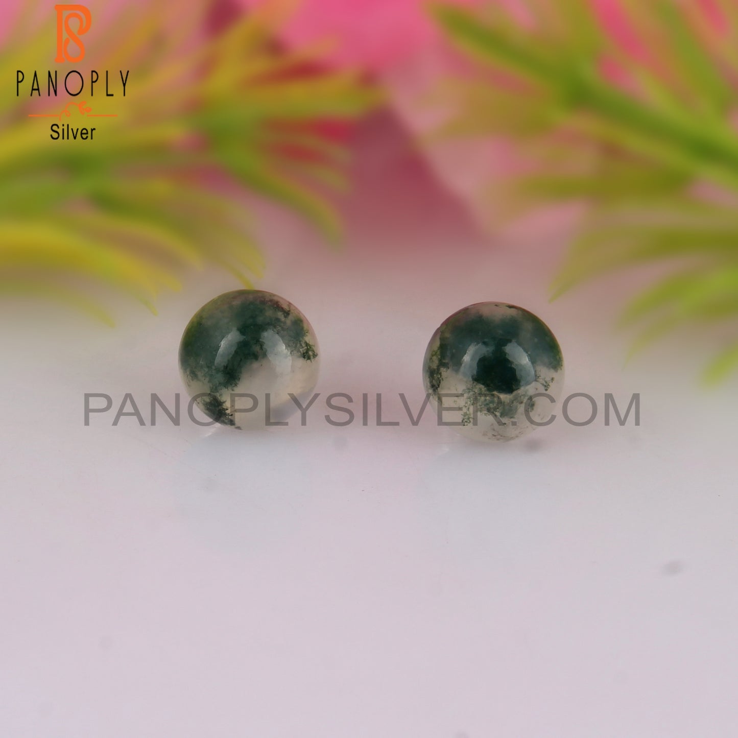 Moss Agate Round Shape 925 Sterling Silver Earrings